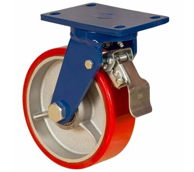 Колеса большегрузные поворотные с тормозом полиуретановые с чугунным ободом