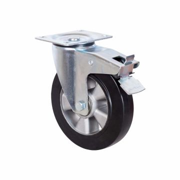 Колесо большегрузное c черной резиной, с площ, поворотн, торм, алюмин.обод, ш/подш. 200мм (SCDLB 80)